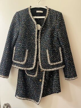 Navy Tweed Cropped Jacket with Trim